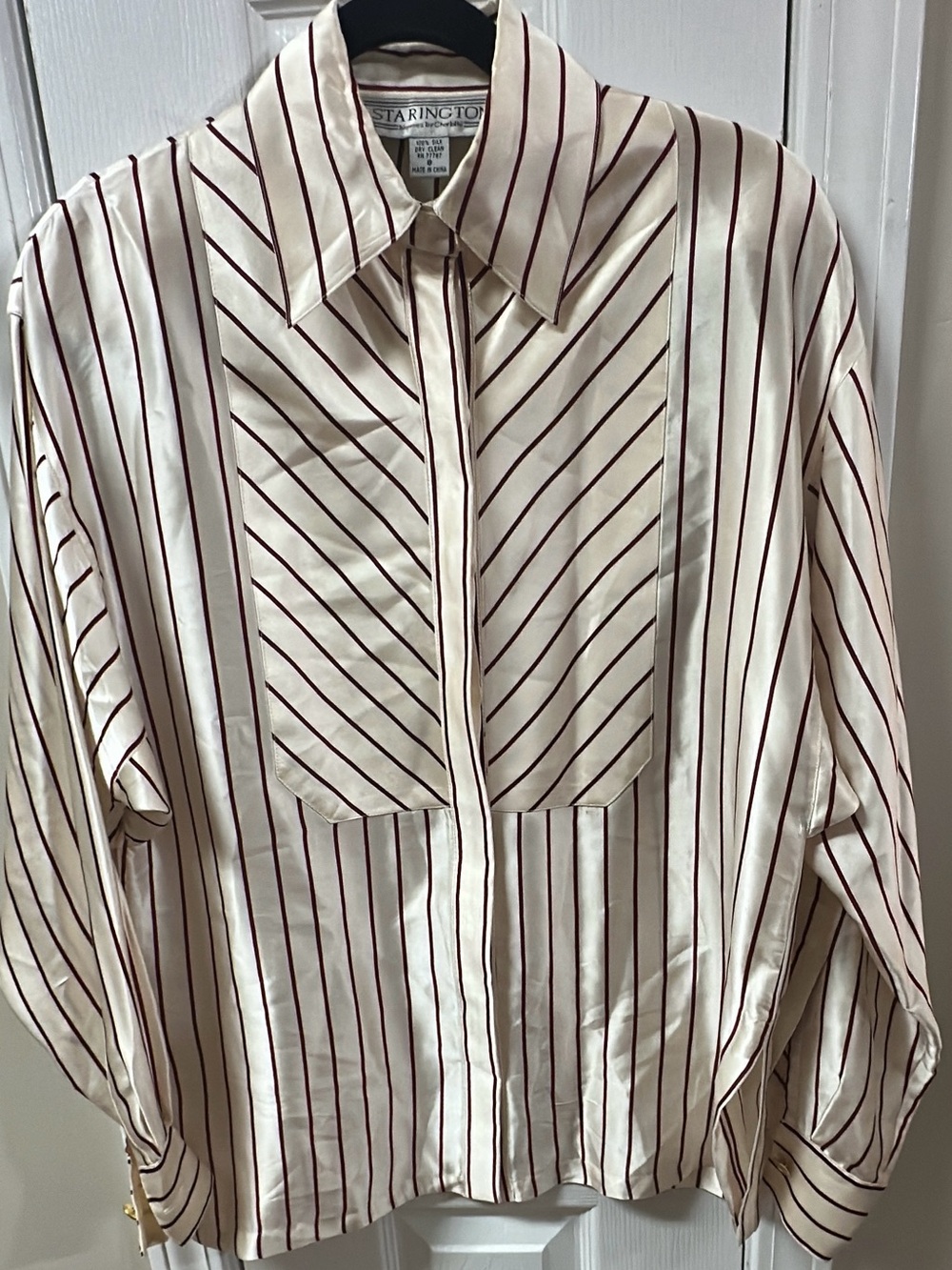 Starington 100% silk Cream and Burgundy Striped Button-Front Blouse (mix42)